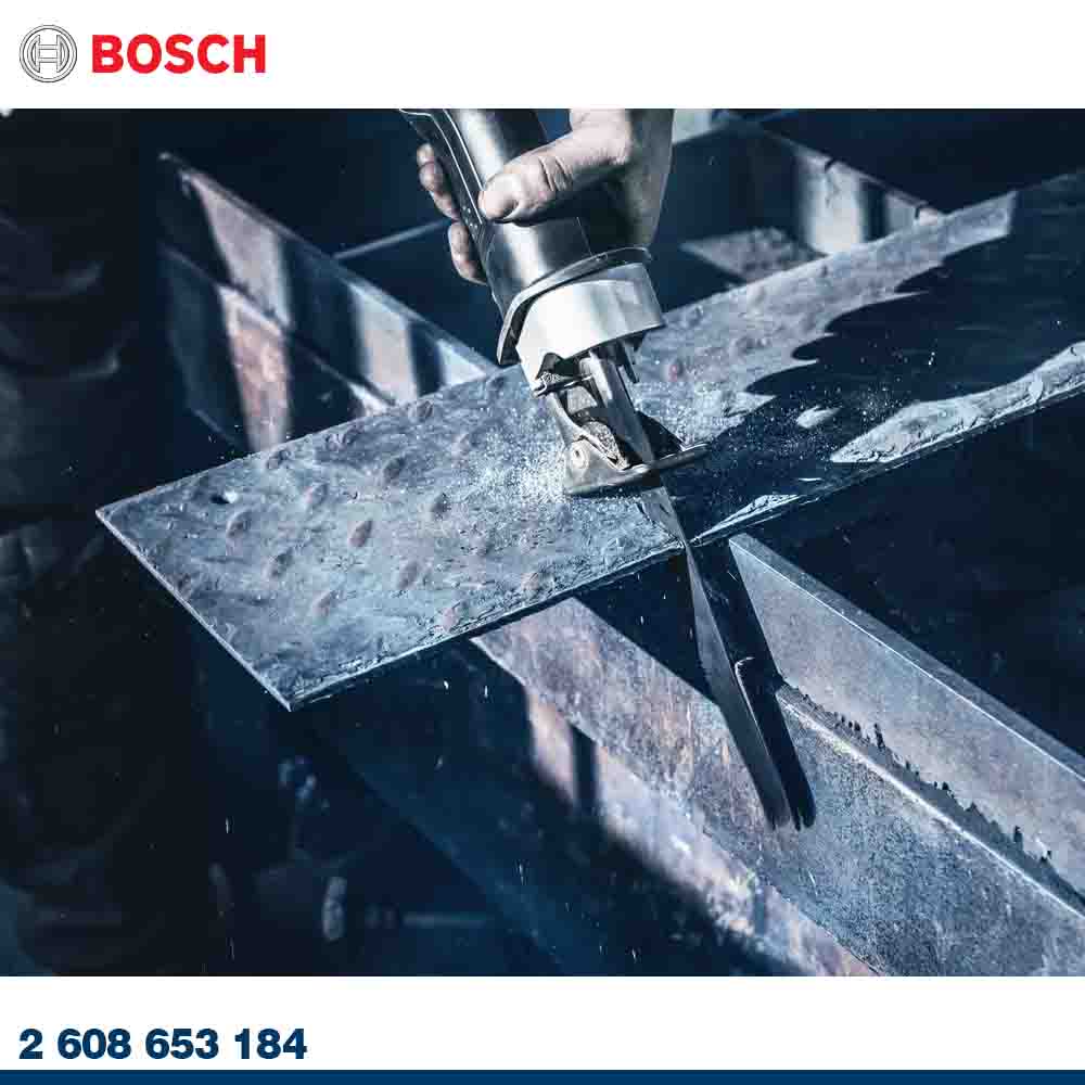 Person using a tool to cut metal with Bosch branding.