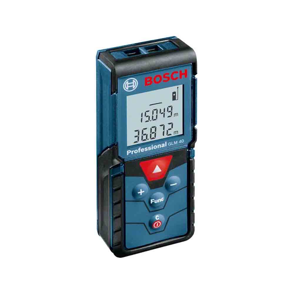Bosch laser distance meter, model GLM 40, in blue color with a digital display and buttons for operation.