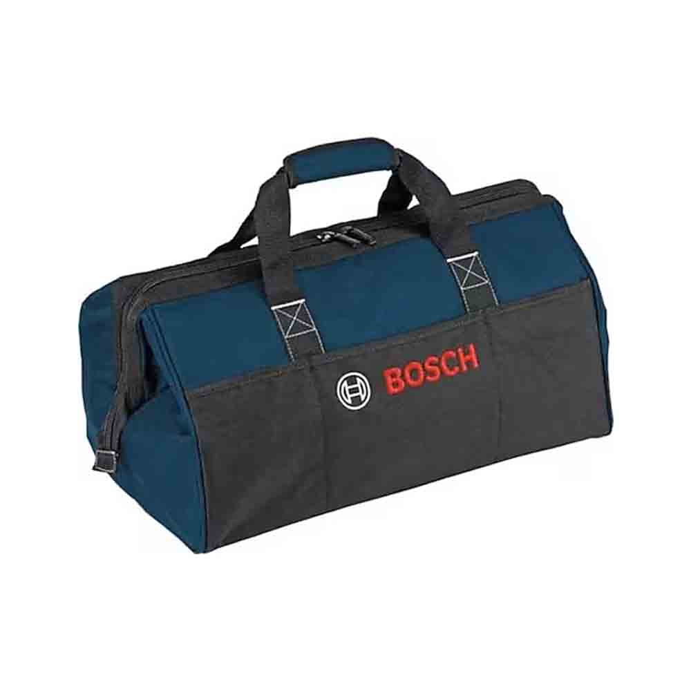 A medium-sized Bosch Professional tool bag with a black and blue color scheme, featuring a wide opening, multiple compartments, and a sturdy handle.