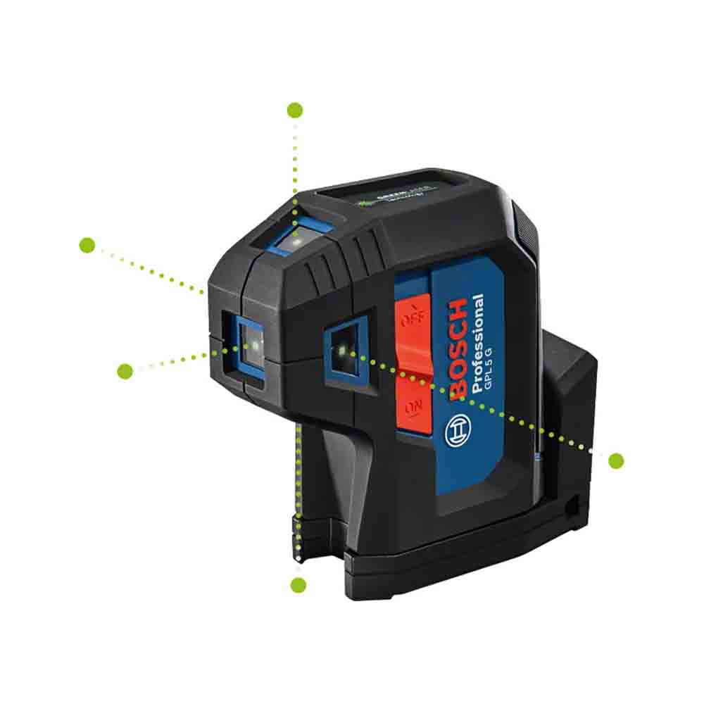 Bosch Point Laser GPL 5 Professional, a compact 5-point laser level device with visible green laser points and a black body with red accents.