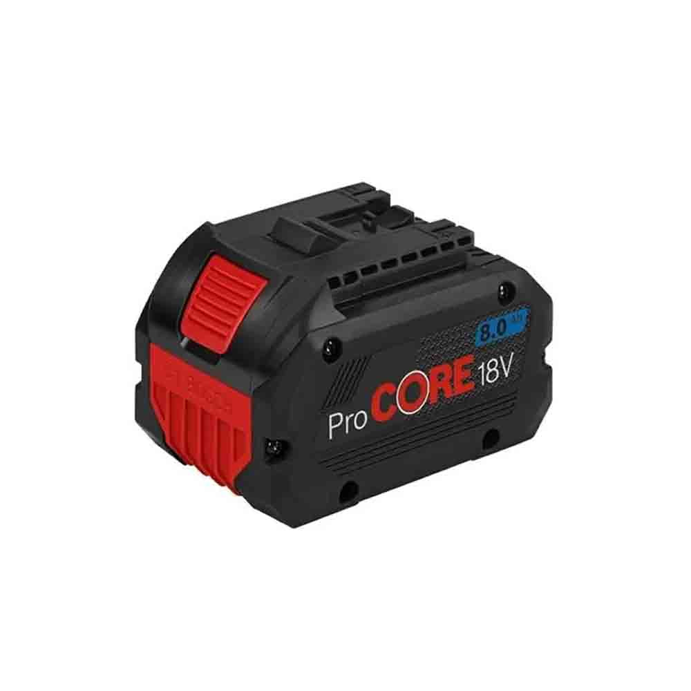 Bosch ProCore 18V battery pack for power tools, predominantly black with red accents and branding on the side.