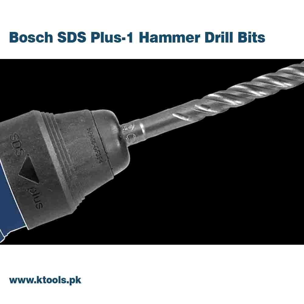 Bosch SDS Plus-1 Hammer Drill Bit on a black background with branding and website information.