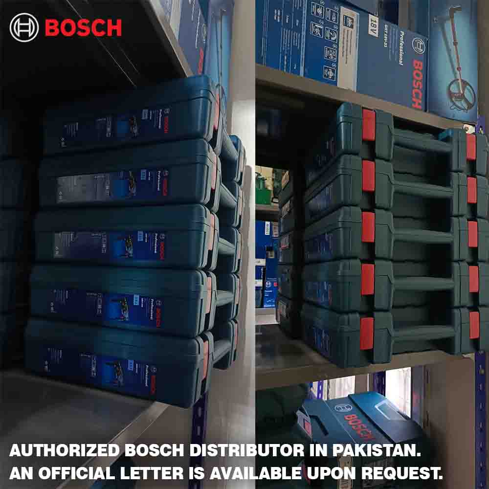 Stacks of Bosch tool cases on shelves with promotional text.