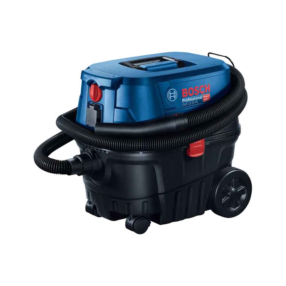 Bosch vacuum cleaner in upright position, predominantly blue with black dust compartment and red accents.