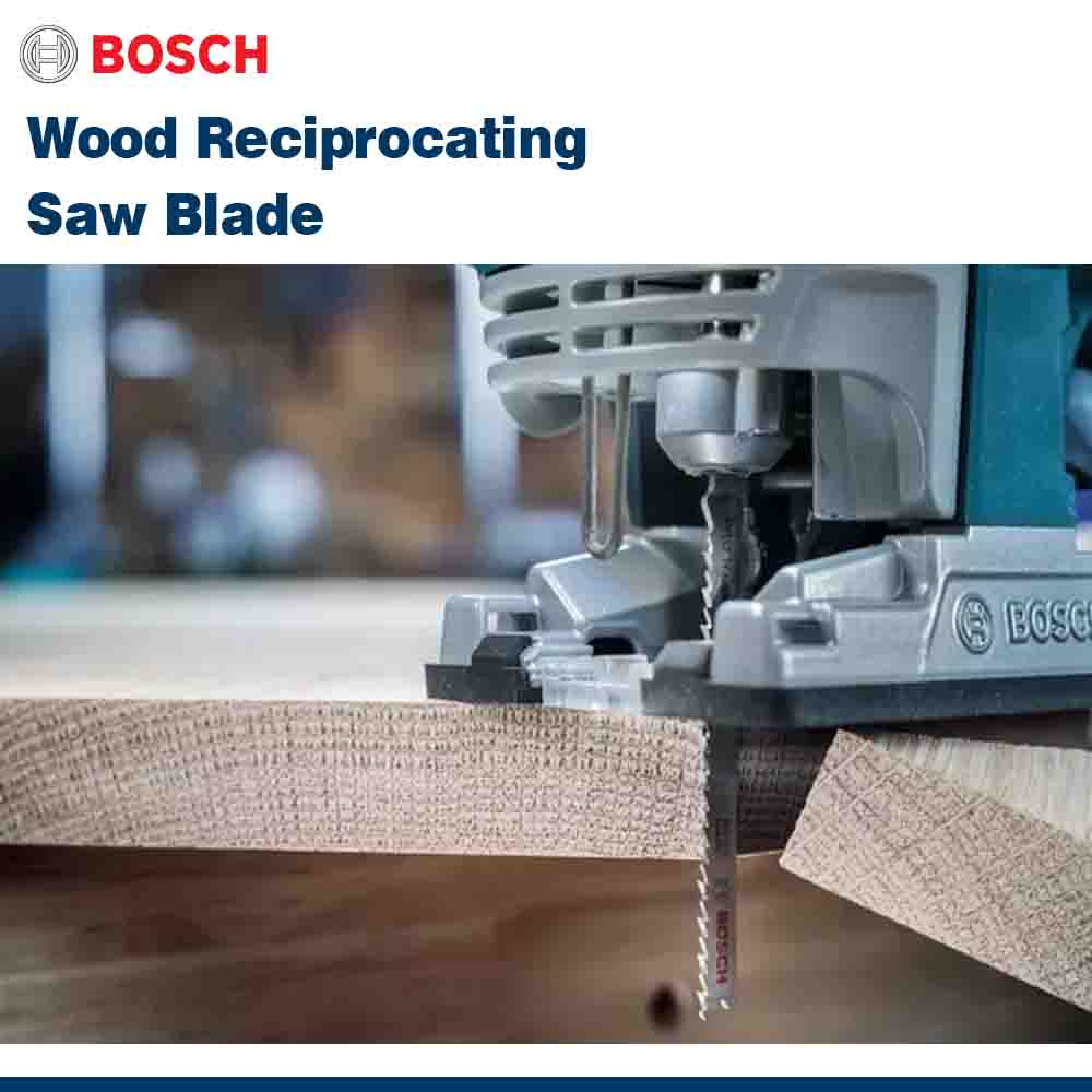 Bosch wood reciprocating saw blade cutting through wood with Bosch branding.