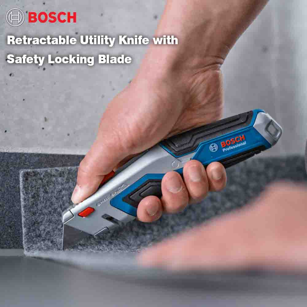 Bosch retractable utility knife with safety locking blade being used on a concrete surface.