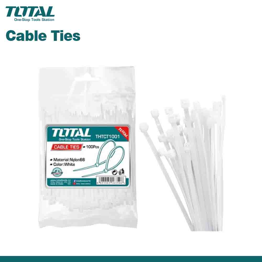 A pack of TOTAL brand white nylon cable ties, presented in a clear plastic bag with the product details visible on the label.