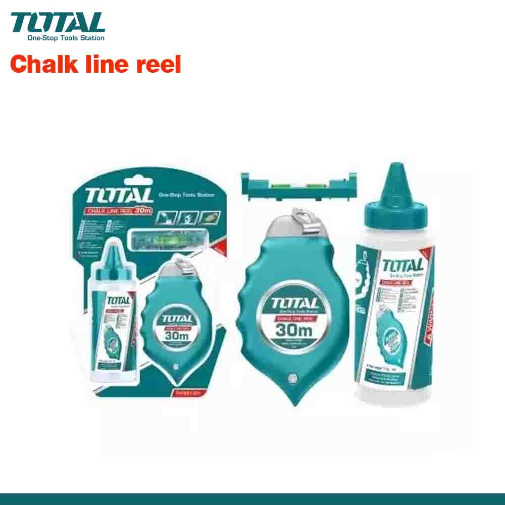 A set of TOTAL brand chalk line tools, including a 30m chalk line reel, a bottle of chalk, and a spirit level, packaged in a double blister pack.