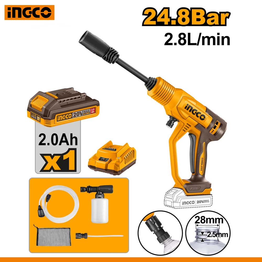 INGCO 20V Pressure Washer with 2Ah Battery, Charger & Foam Bottle