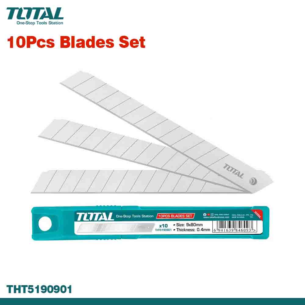 A set of 10 plastic blades for a cutter, packaged in a plastic box with a blue label showing the brand 'TOTAL' and the product details.