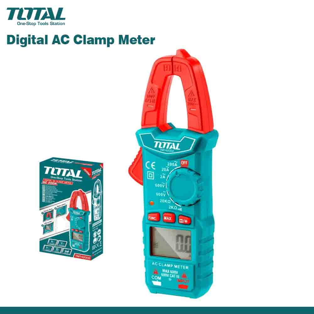 A digital clamp meter with a blue body and red clamps, displaying a digital screen, alongside its product packaging box.