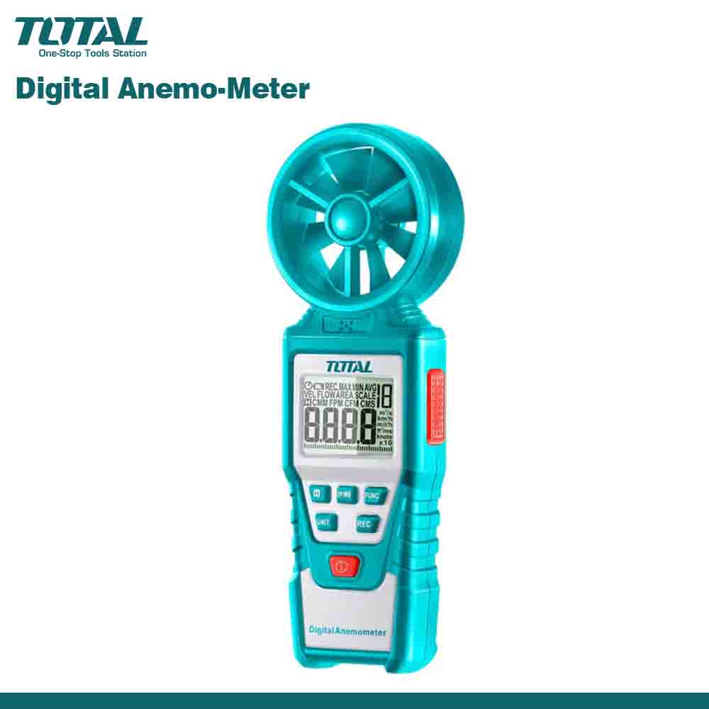 A digital anemo-meter by TOTAL, used for measuring wind speed and airflow, with a blue color scheme, digital display, and measurement wheel.
