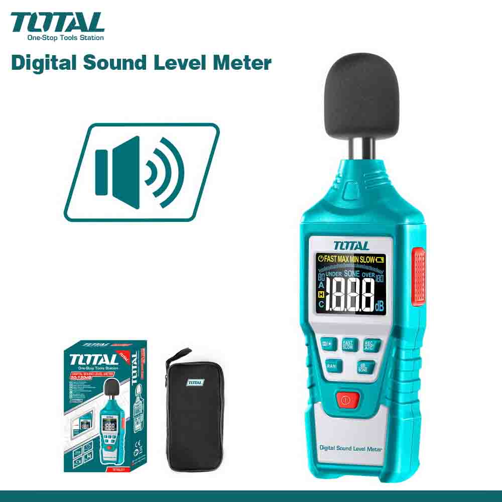A promotional image featuring a TOTAL brand Digital Sound Level Meter in turquoise color with a black microphone cap, displayed alongside its features and packaging.