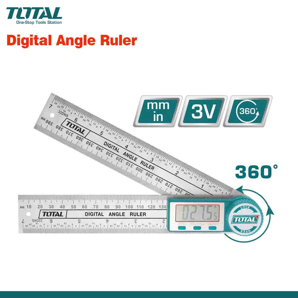 Digital angle ruler with a clear numeric display, marked with both metric and imperial measurements, and a 3V power indicator.