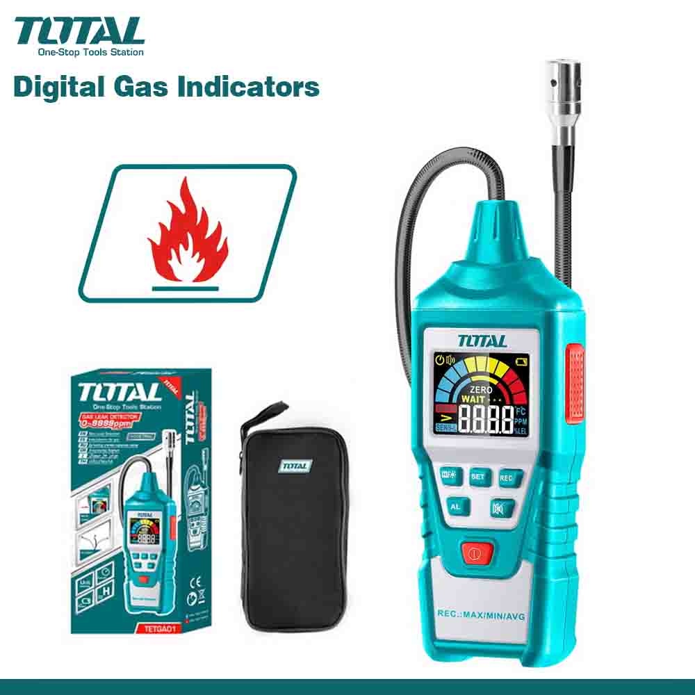 A promotional image featuring a TOTAL Digital Gas Detector with a blue body, an LCD screen, and a flexible probe. The product is displayed alongside its packaging and a graphic indicating its use for industrial and home safety.