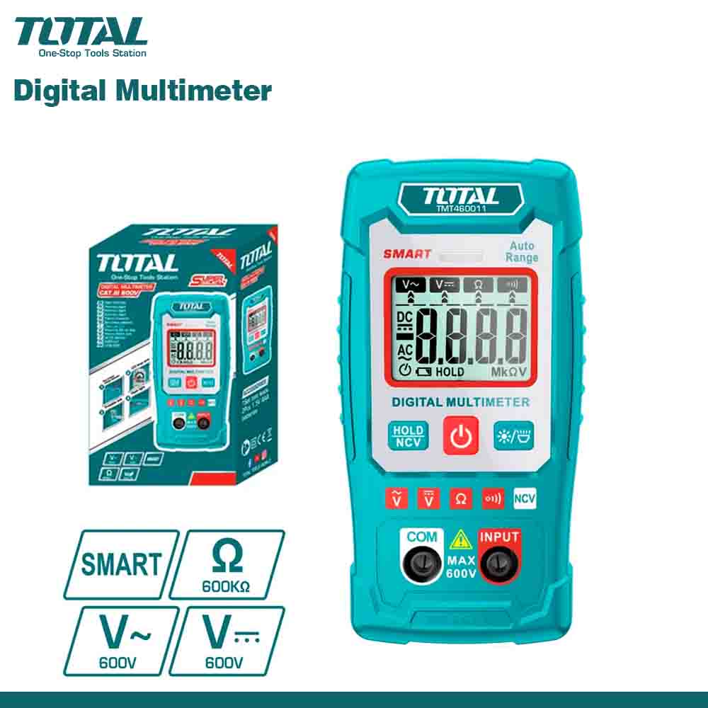 A digital multimeter with a blue case and a digital display, alongside its packaging which has 'TOTAL' branding on it.