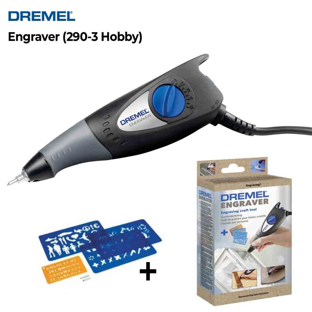 Dremel engraver with packaging and stencils on a white background