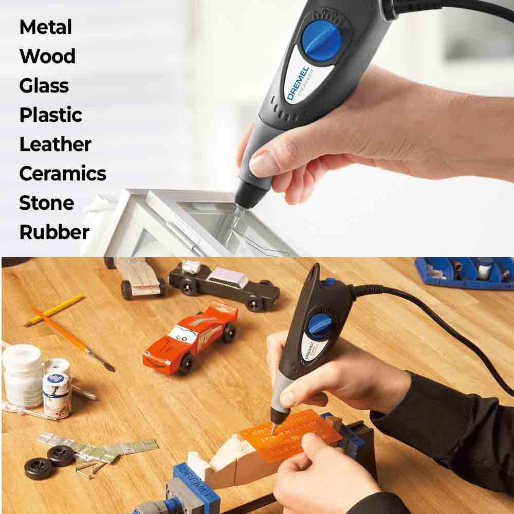 Handheld tool being used on various materials with a list of materials on the left.