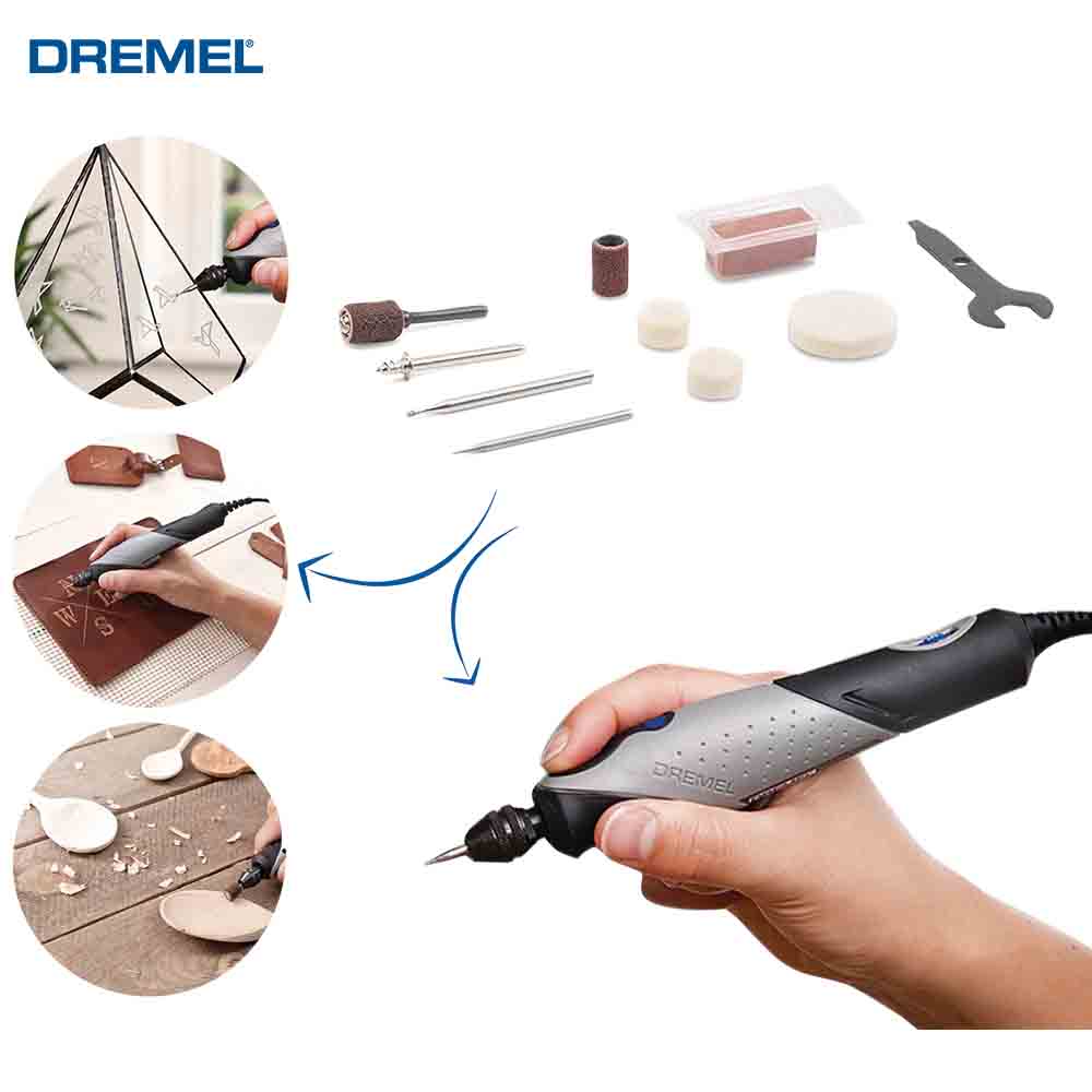 Dremel tool with attachments and applications on a white background