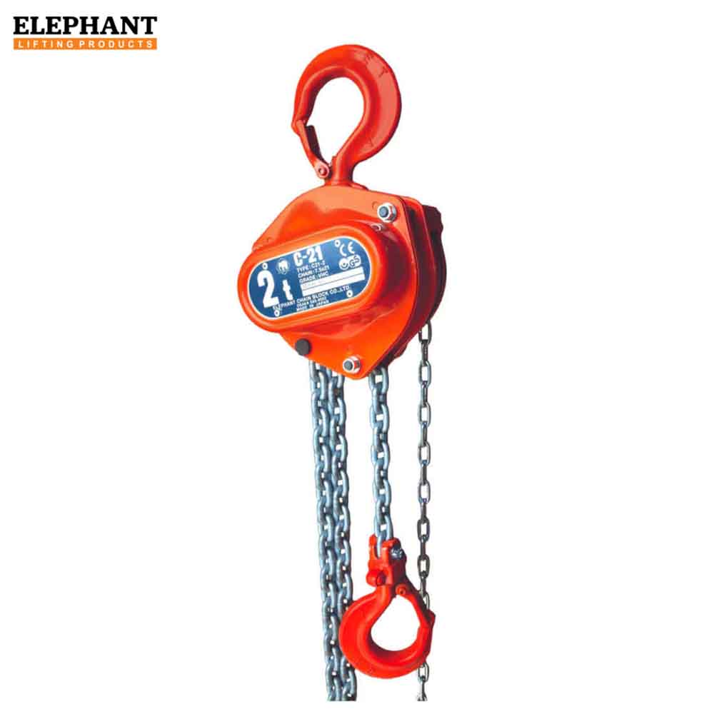 Orange manual chain hoist with blue label on a white background, branded 'Elephant Lifting Products'.