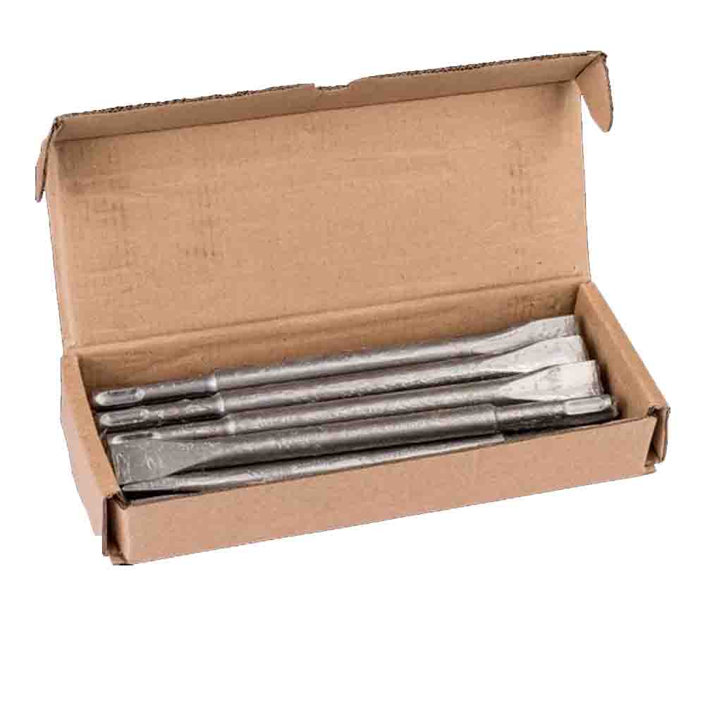 Set of chisels in a cardboard box on a white background