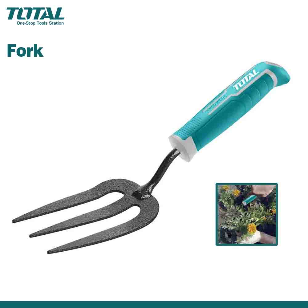 A garden fork with a metal head and a blue and white handle with the TOTAL brand logo.