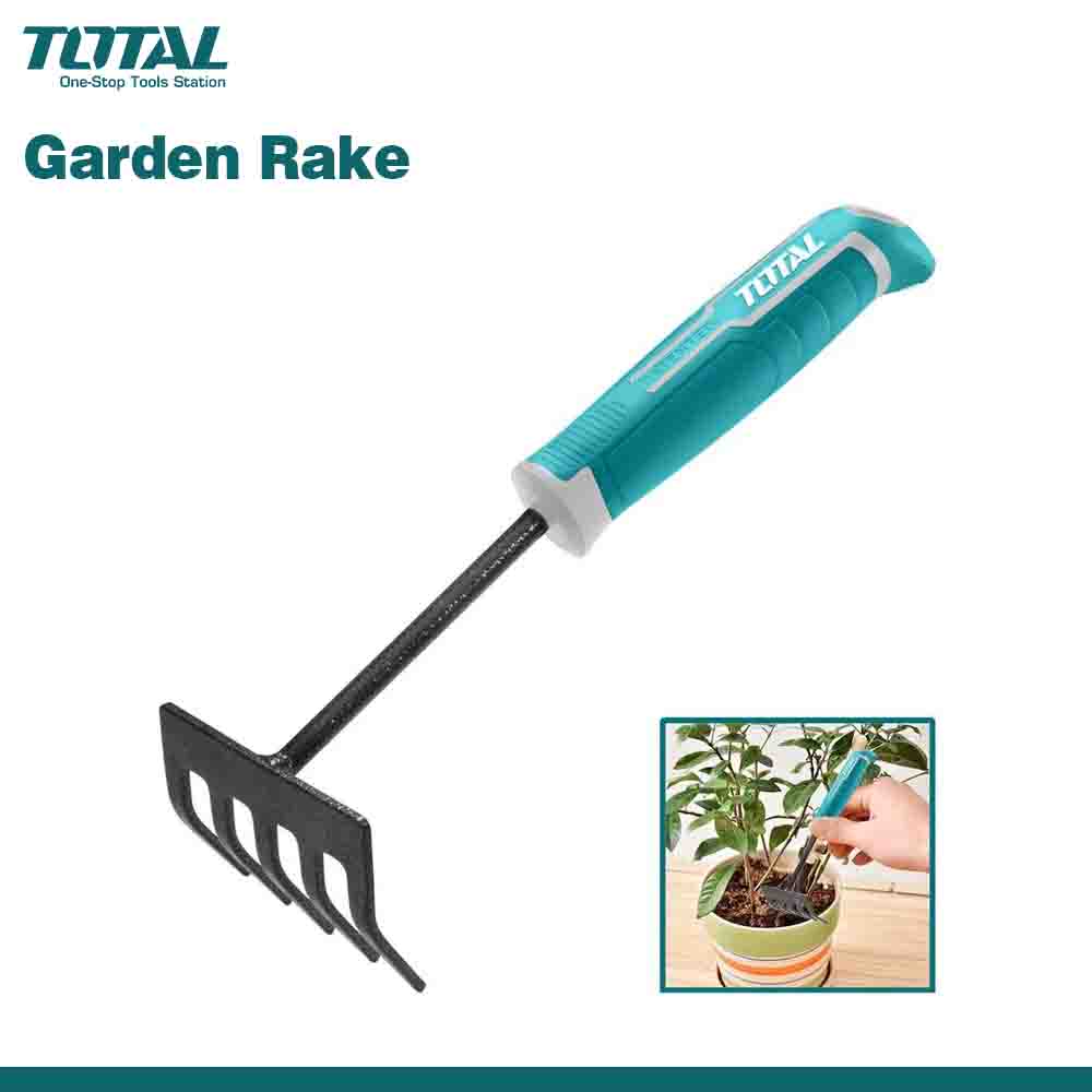 A garden rake with a metal head and a teal handle with the TOTAL brand logo, shown alongside a small inset image of the rake being used in a garden setting.