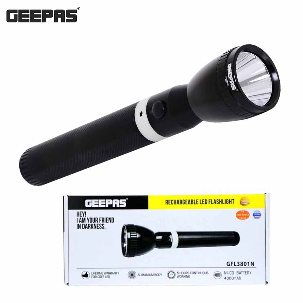 Black rechargeable LED flashlight with GEEPAS branding on a white background