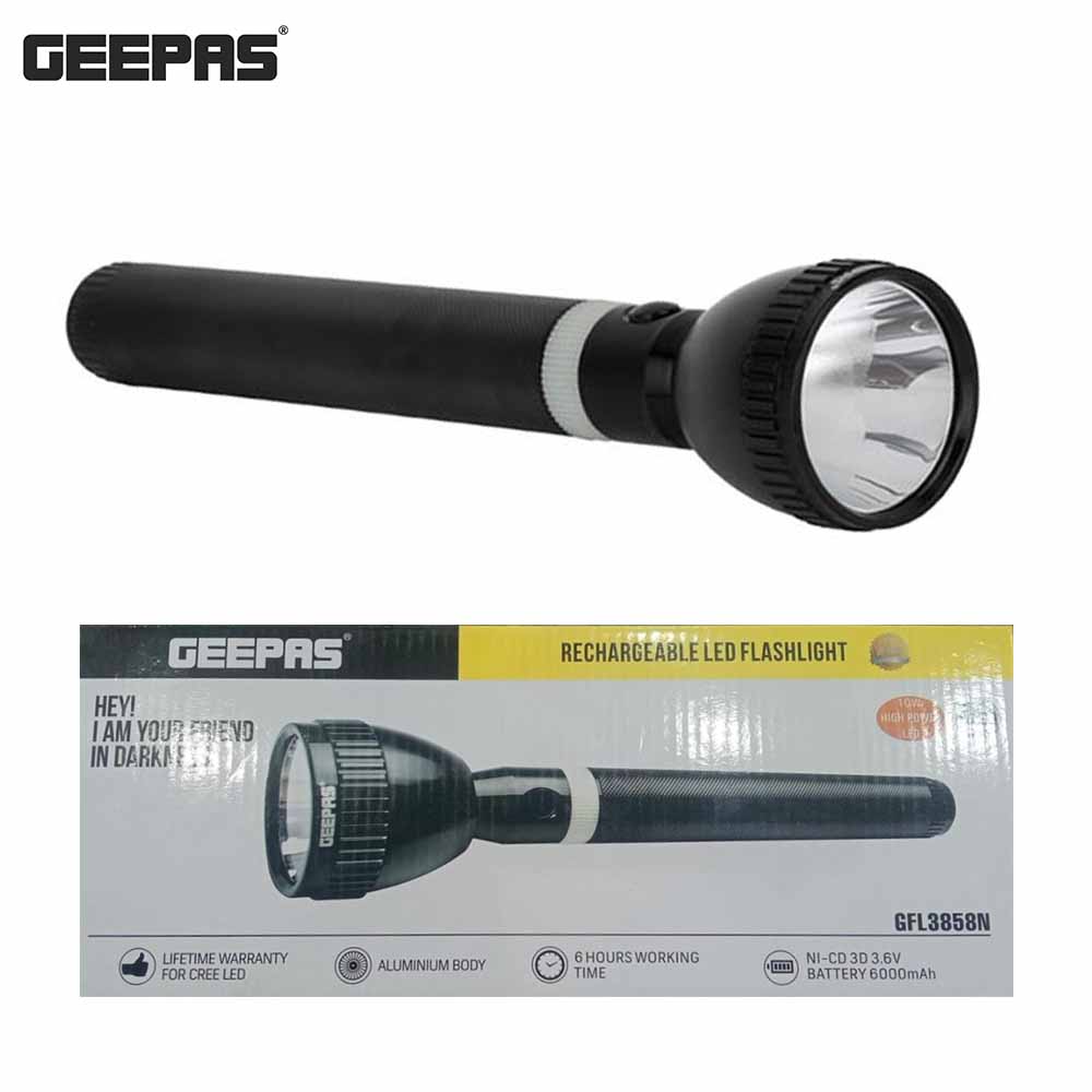 Black rechargeable LED flashlight with GEEPAS branding on a white background