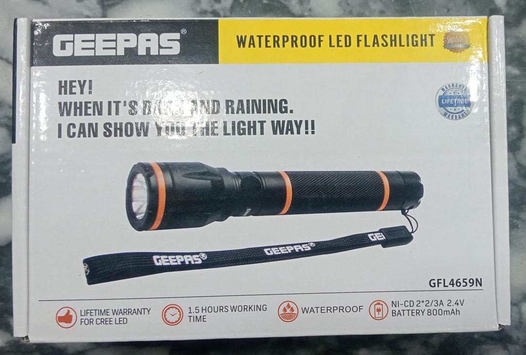 Geepas waterproof LED flashlight packaging with product details.