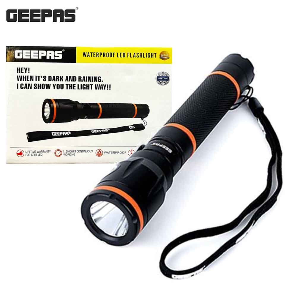 GEEPAS waterproof LED flashlight with packaging on a white background
