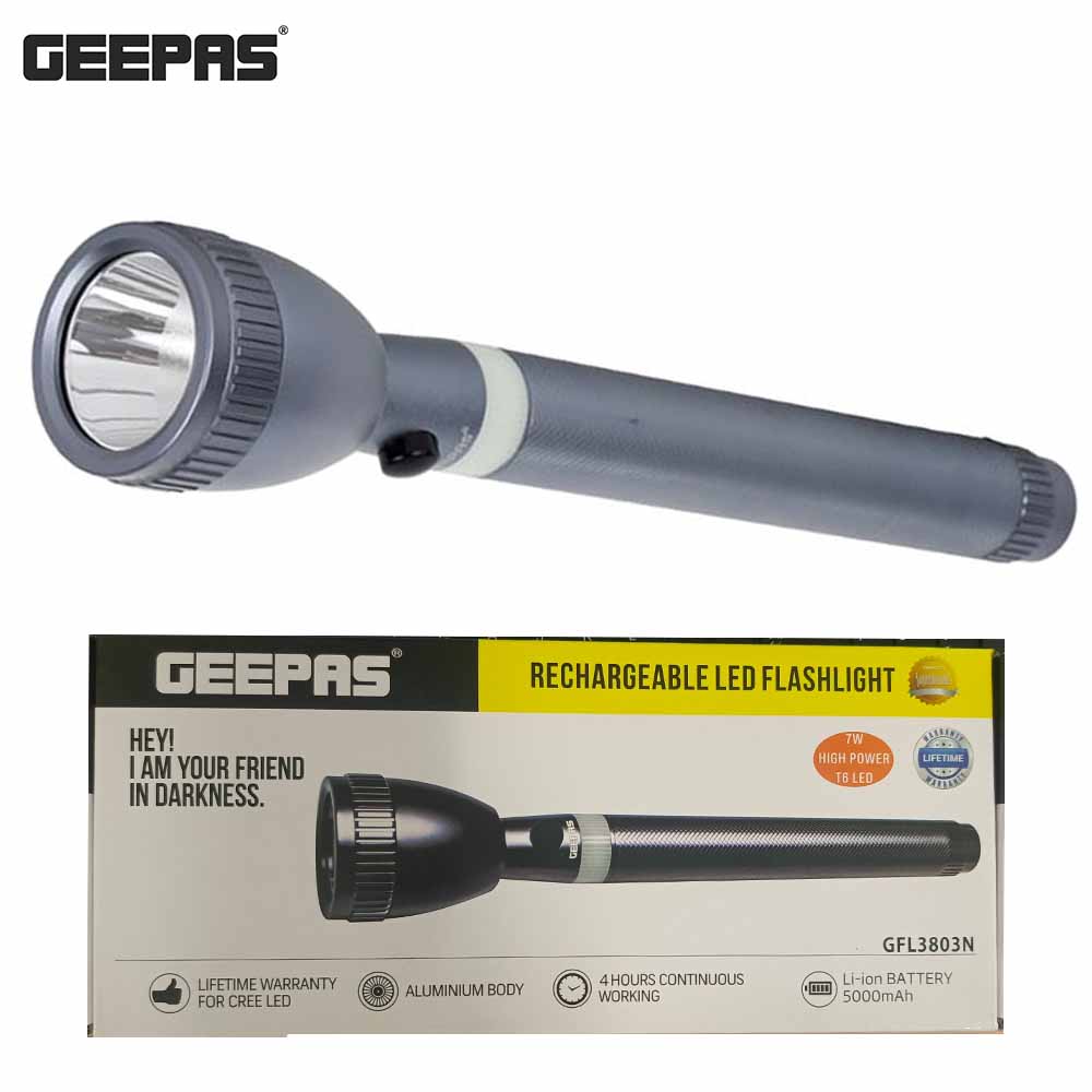 GEEPAS rechargeable LED flashlight with packaging on a white background