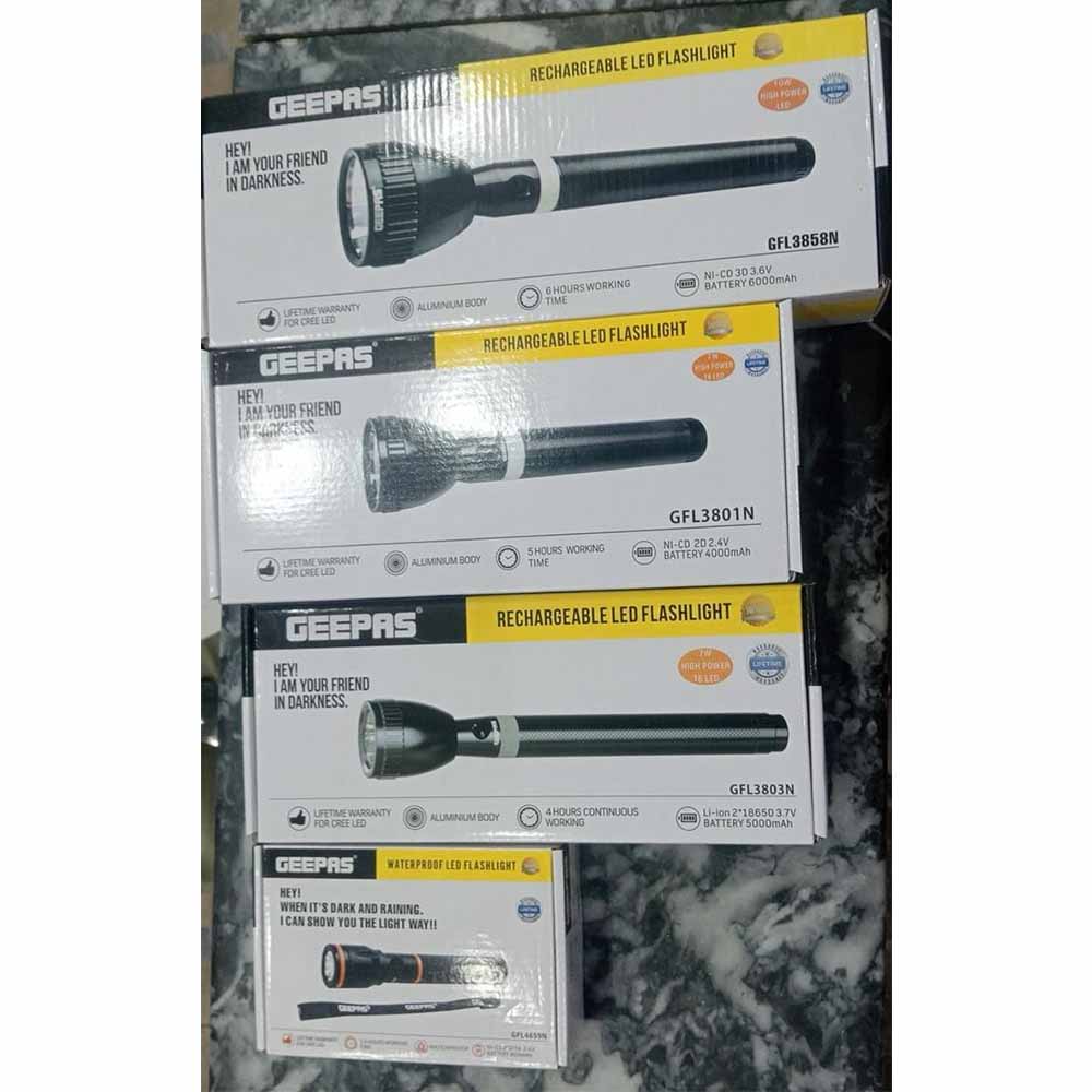 Multiple boxes of Geepas rechargeable LED flashlights on a white background