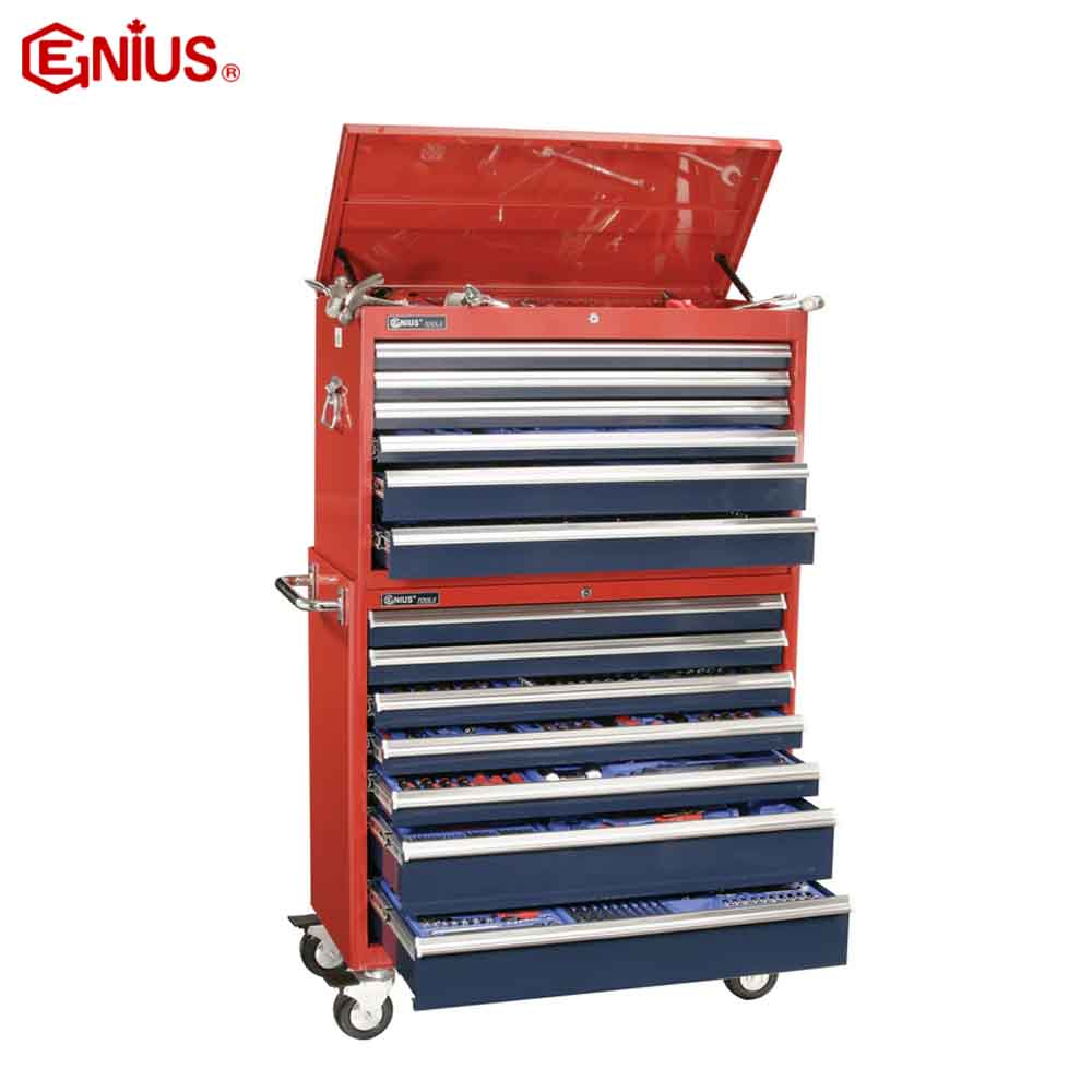 Red and blue tool chest with multiple drawers on a white background, featuring the Genius brand.