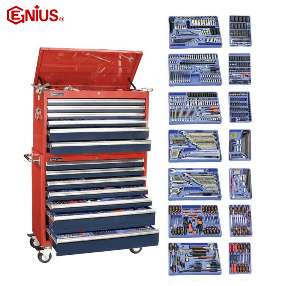 Red toolbox with multiple tool sets displayed on a white background, featuring the Genius brand.