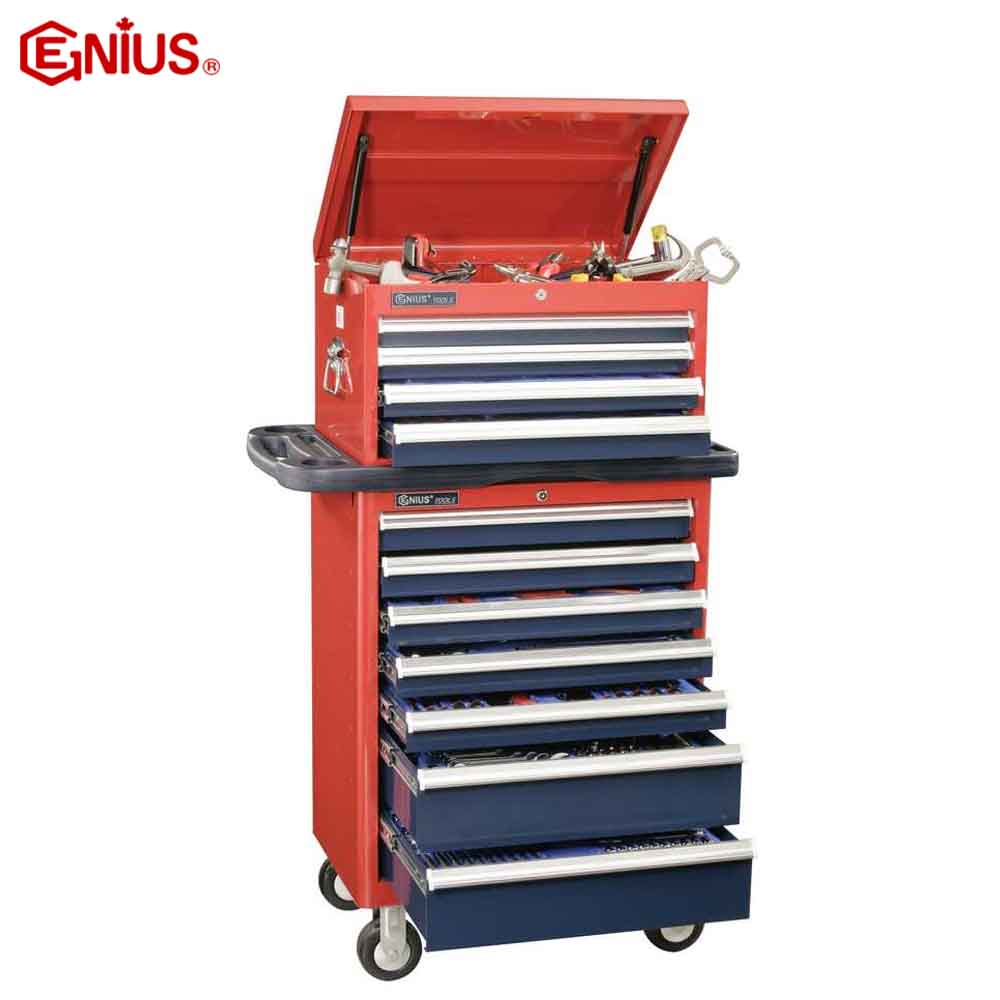 Red and blue tool chest with open top drawer on a white background, featuring the Genius brand.