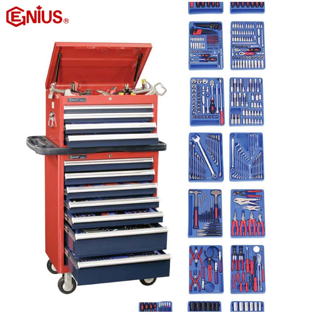 Red and blue tool chest with various tool sets displayed on a white background, featuring the Genius brand.