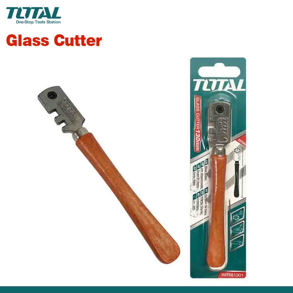 A glass cutter with a wooden handle and metal cutting head, displayed both out of packaging and in its sliding card packaging.