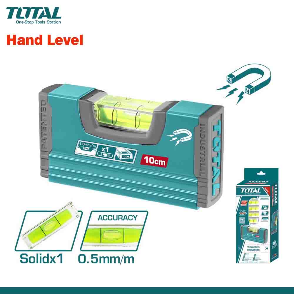 A promotional image of TOTAL Heavy-Duty Magnetic Level, showing the level with a shockproof design, accuracy details, and packaging information.