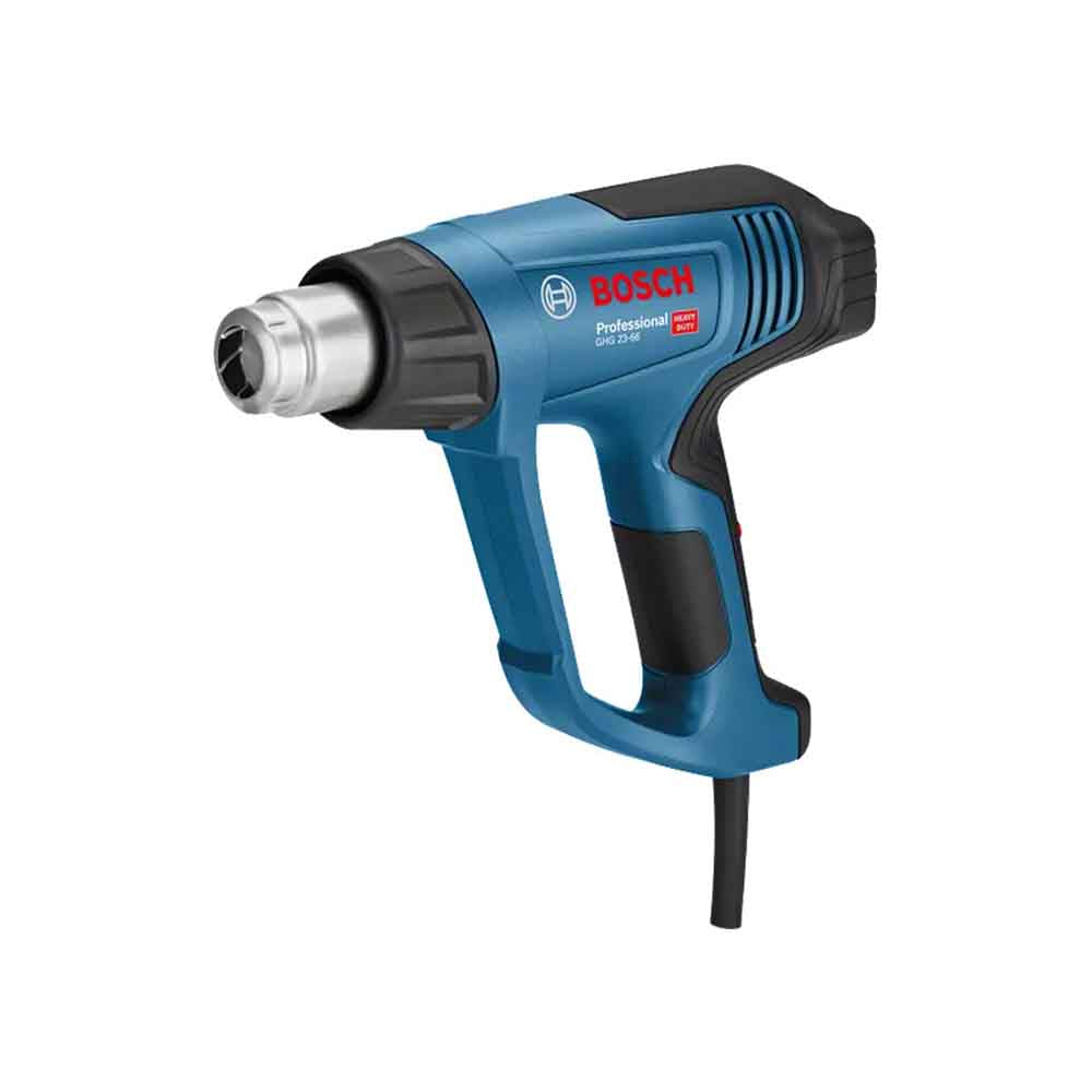 A blue Bosch heat gun with a silver nozzle and black accents.