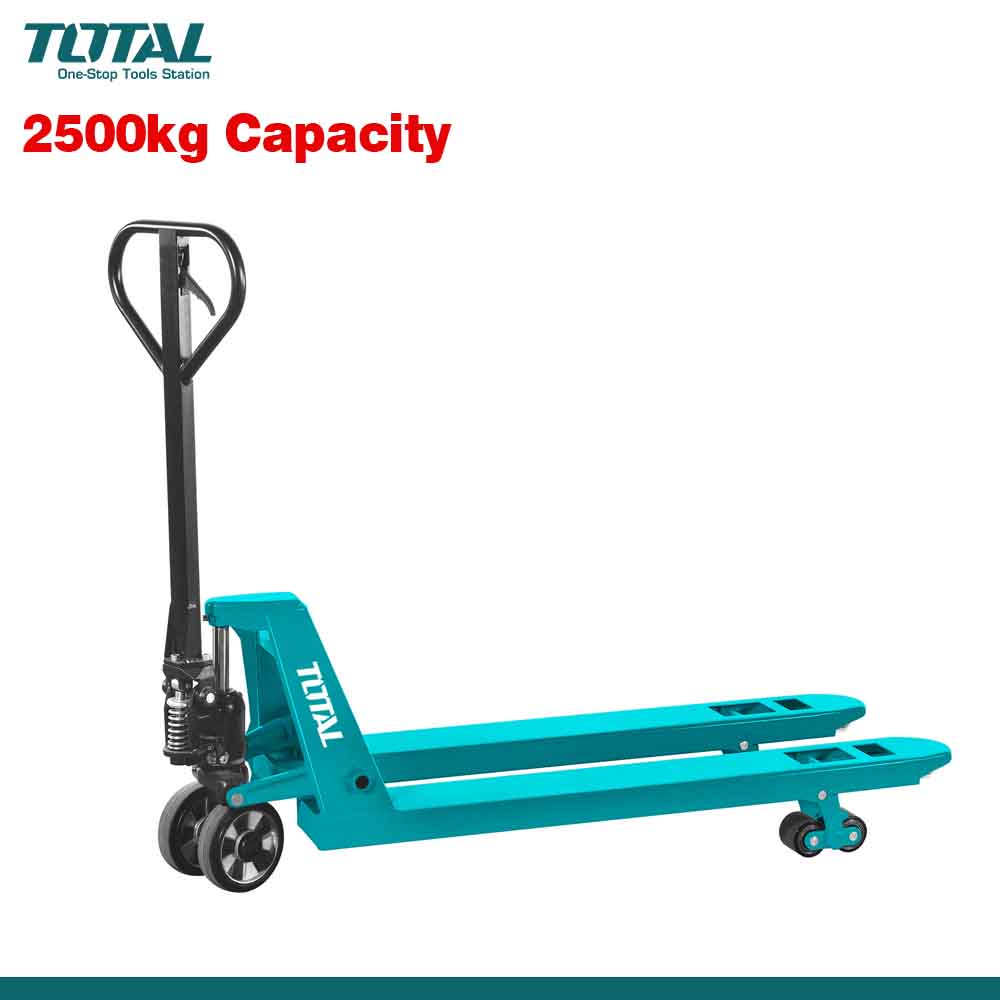 Teal pallet jack with 'TOTAL' branding and 2500kg capacity text on a white background
