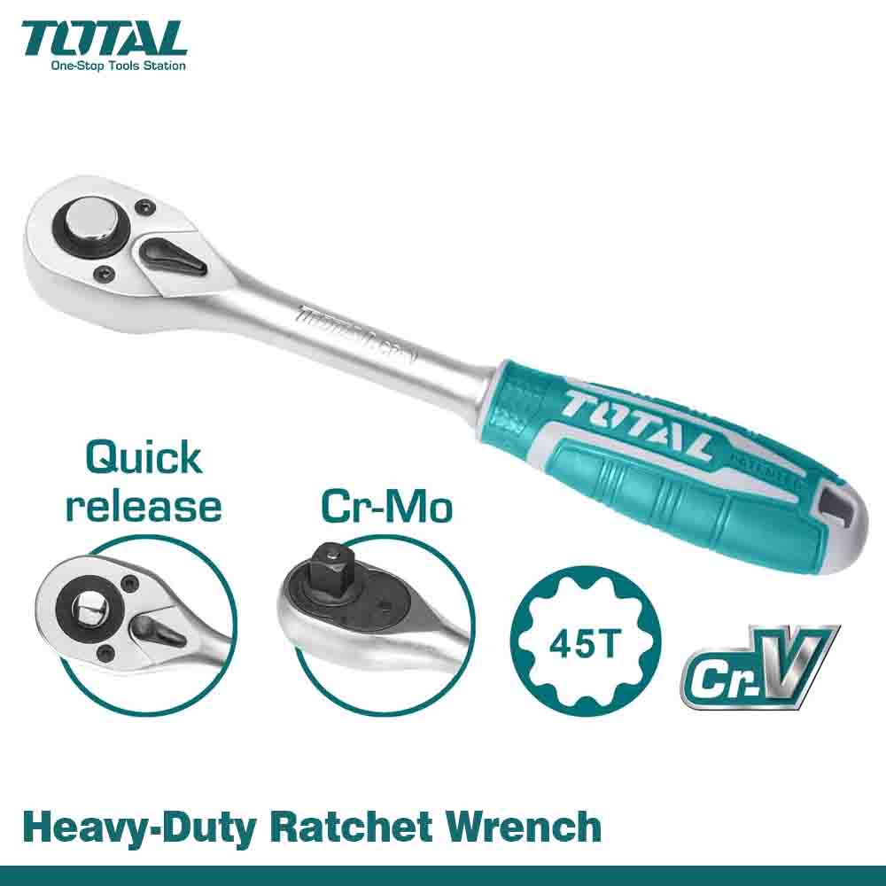 A heavy-duty ratchet wrench with a chrome vanadium and chrome molybdenum construction, featuring a quick release mechanism and a 45-tooth design. The tool has a green and silver color scheme with the TOTAL brand visible.
