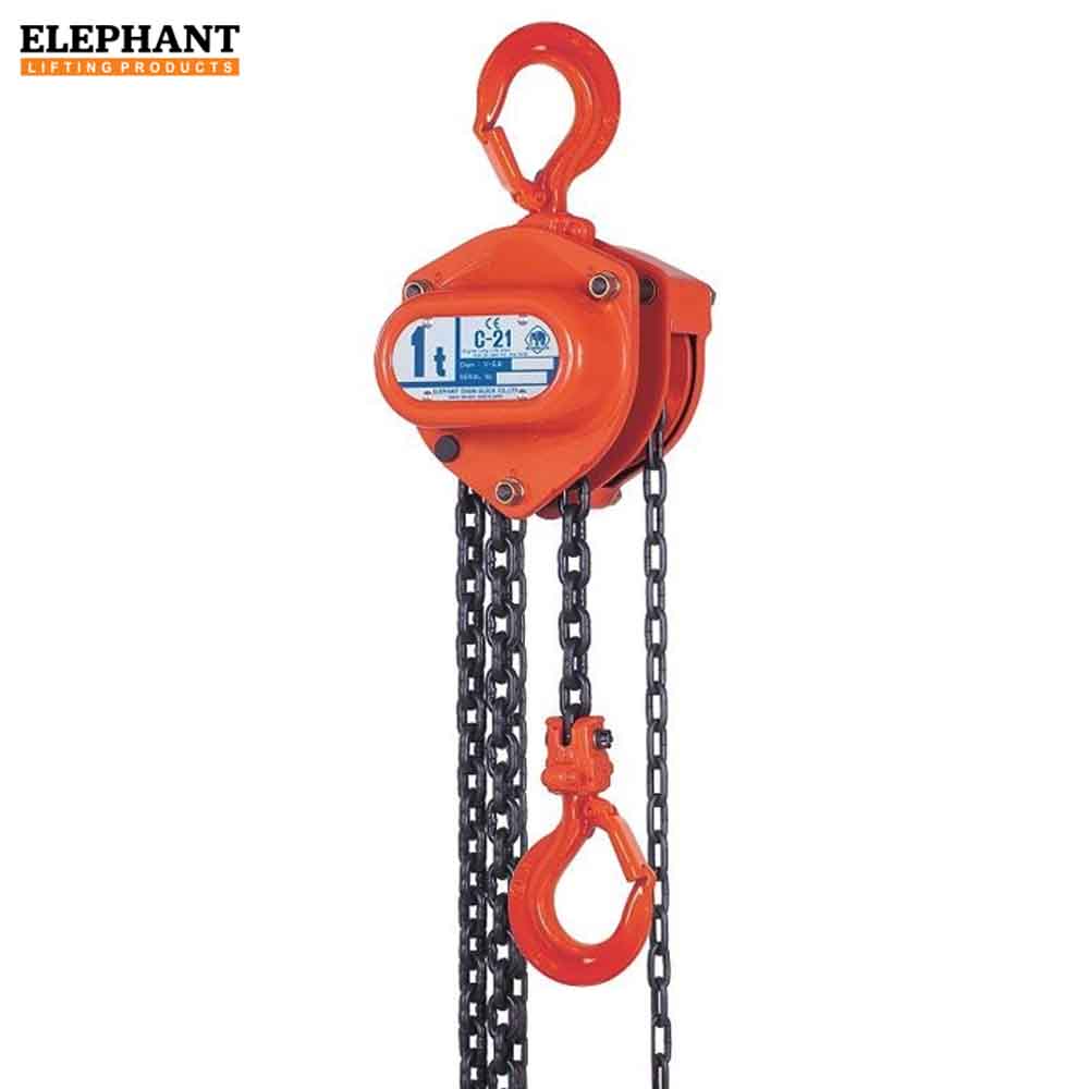Orange chain hoist with hooks on a white background, branded 'Elephant Lifting Products'.