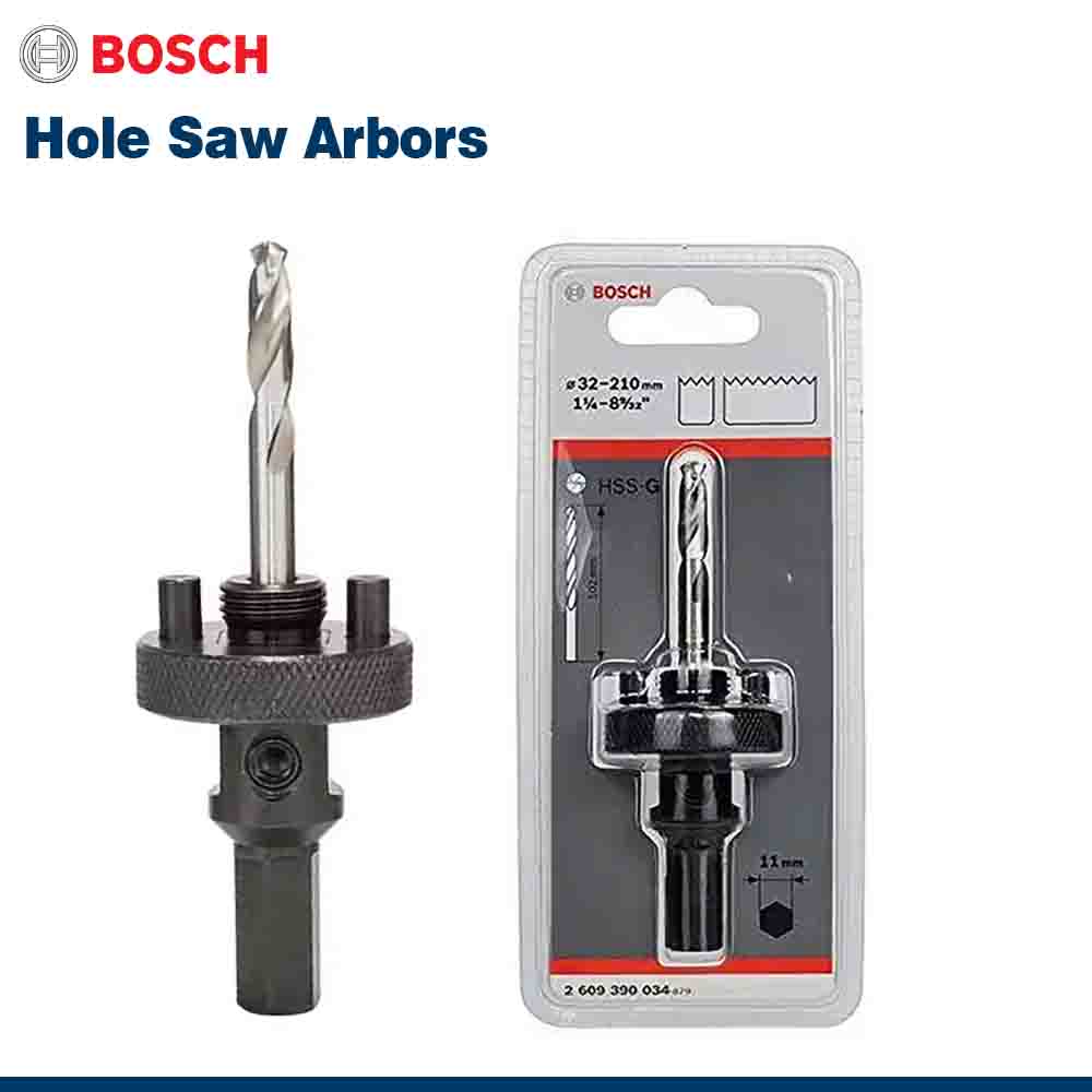 Bosch hole saw arbors with packaging on a white background