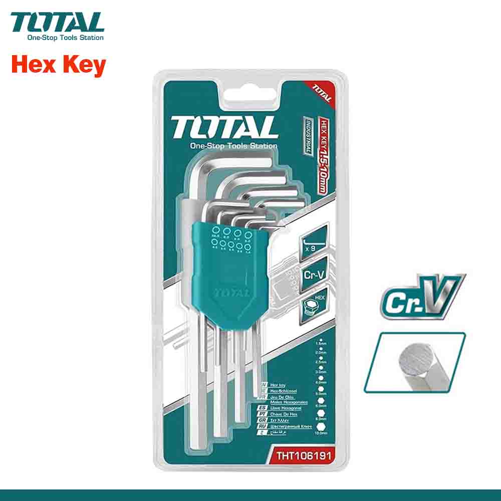 A set of nine chrome-plated Allen keys by TOTAL, with varying sizes displayed in a blister pack.