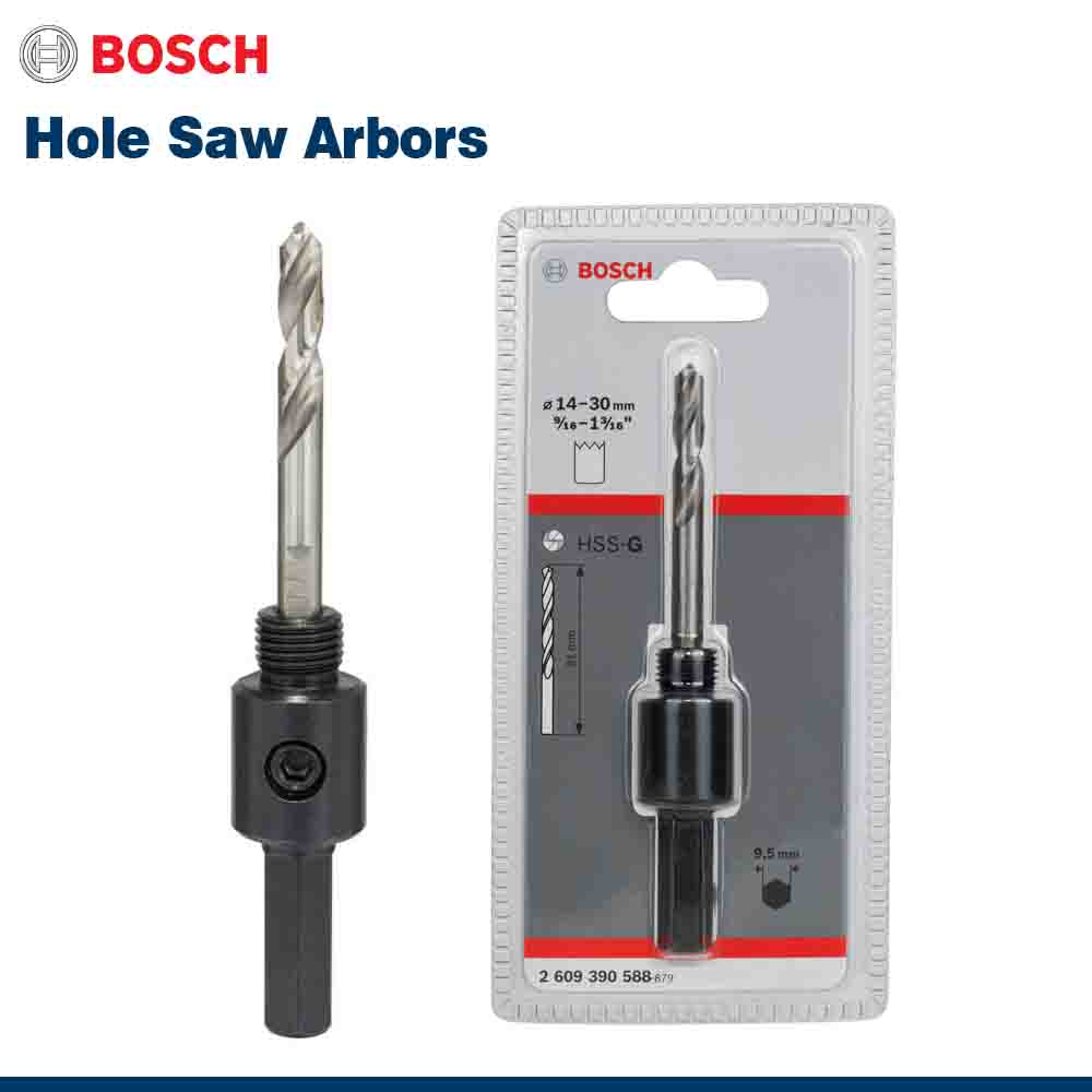 Bosch hole saw arbors with packaging on a white background