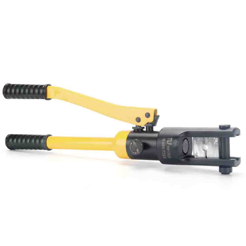 Hydraulic crimping tool with black handles and a yellow body, with adjustable length settings.