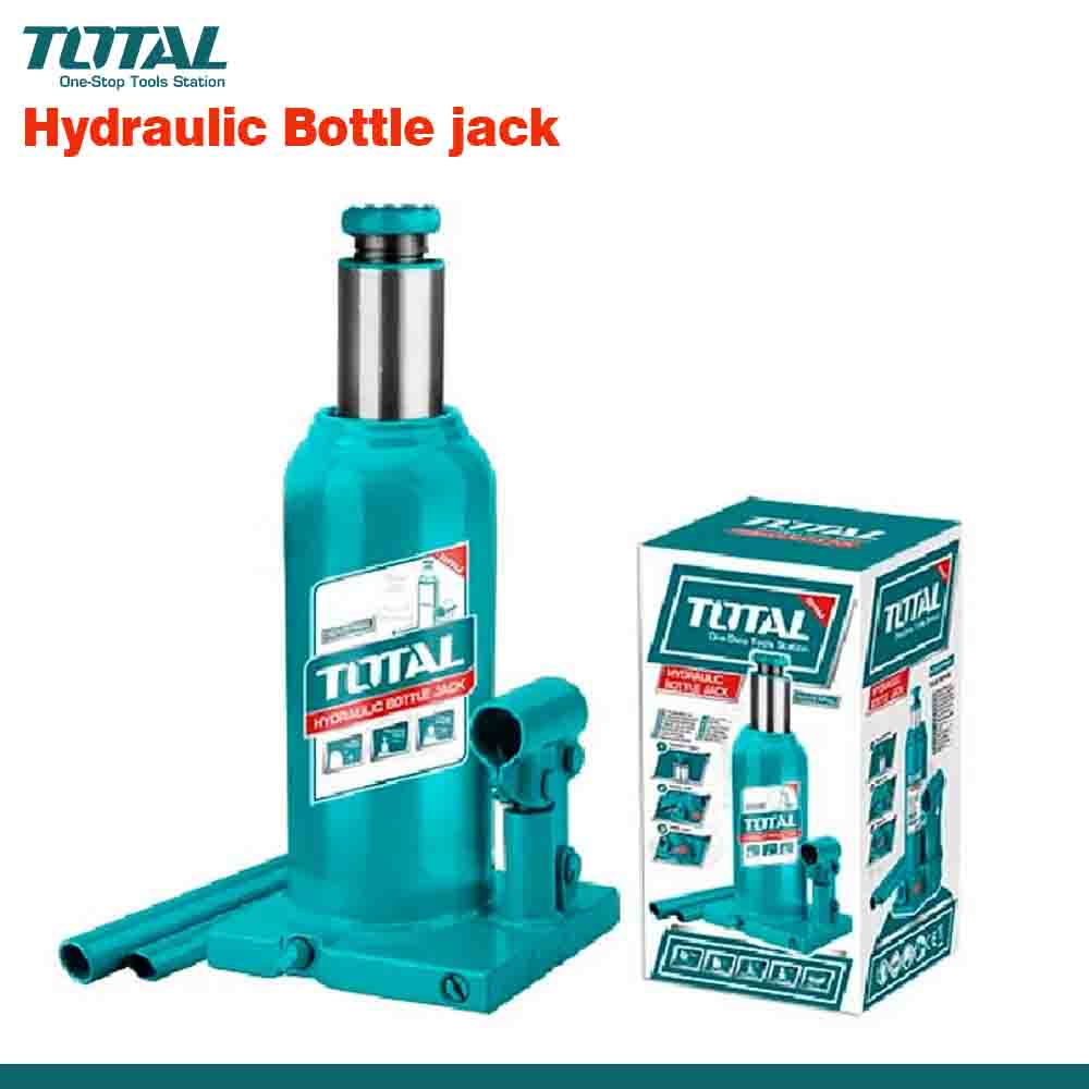 A set of TOTAL brand hydraulic bottle jacks in various sizes, with safety valves, displayed alongside their packaging boxes.