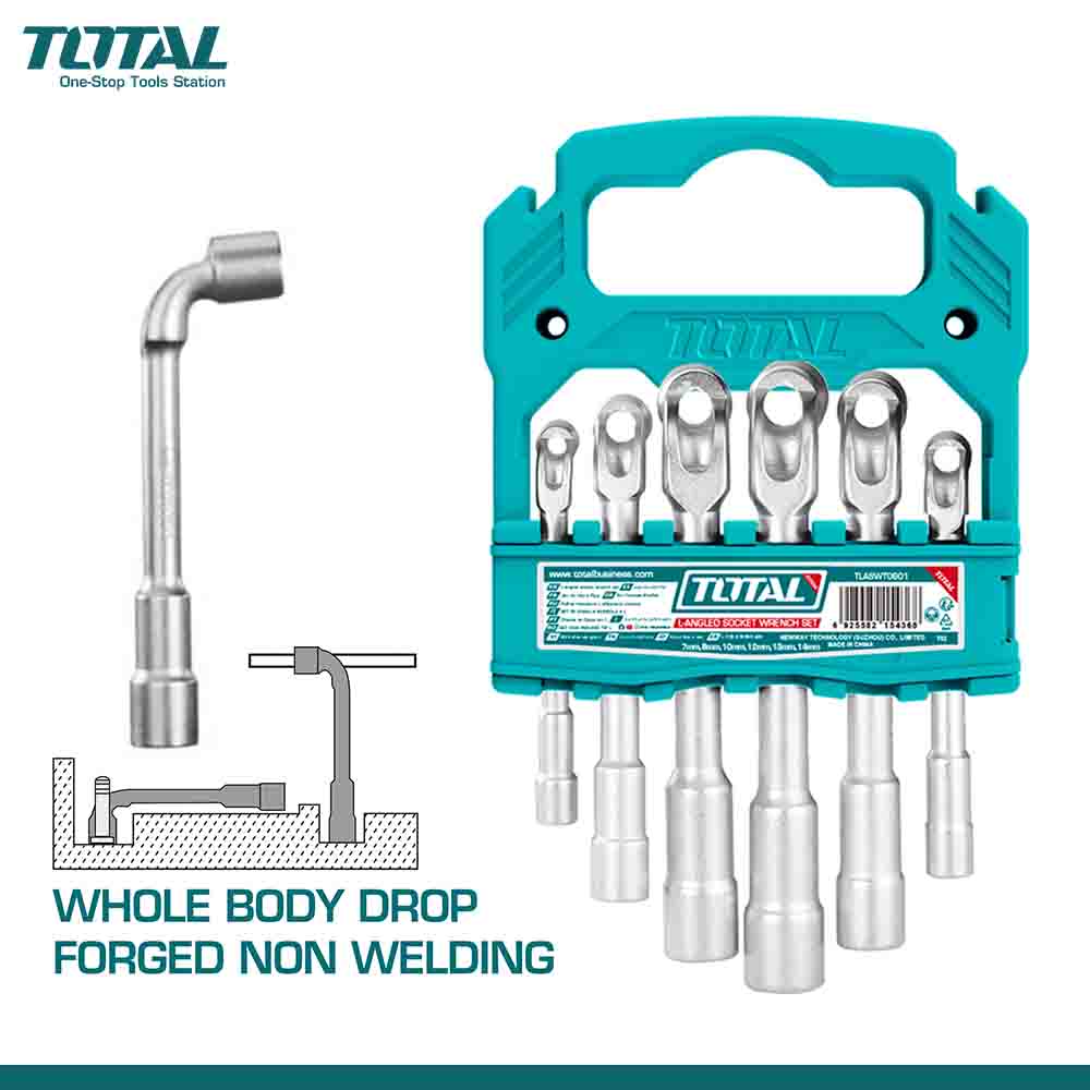 A set of six chrome vanadium steel socket wrenches with a L-shaped design, displayed in a green plastic holder with the brand name TOTAL Tools visible. The image also includes a diagram illustrating the construction of the wrenches, indicating a whole body drop forged non-welding process.