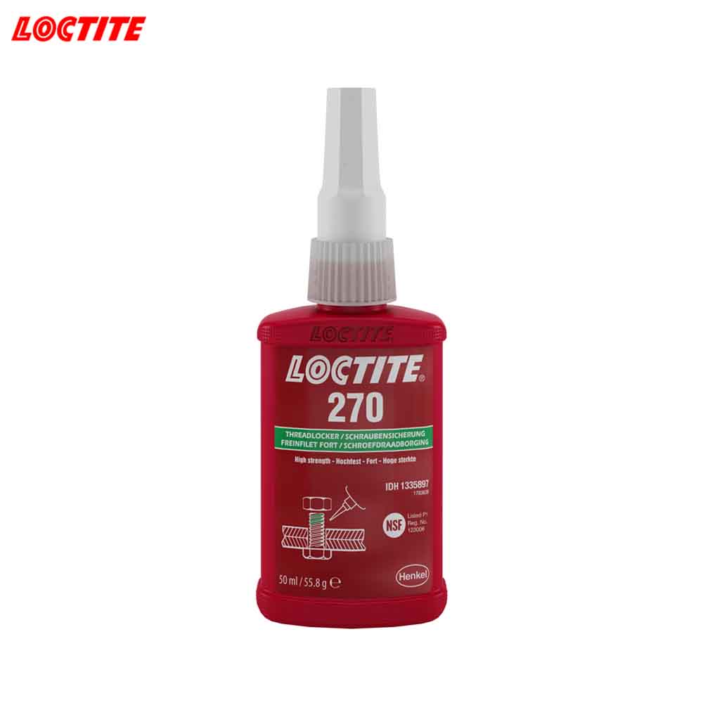 Red Loctite 270 bottle with spray nozzle on a white background